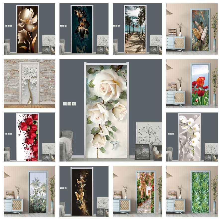 Home Bathroom Door Design - White Rose Flower Wallpaper For Door