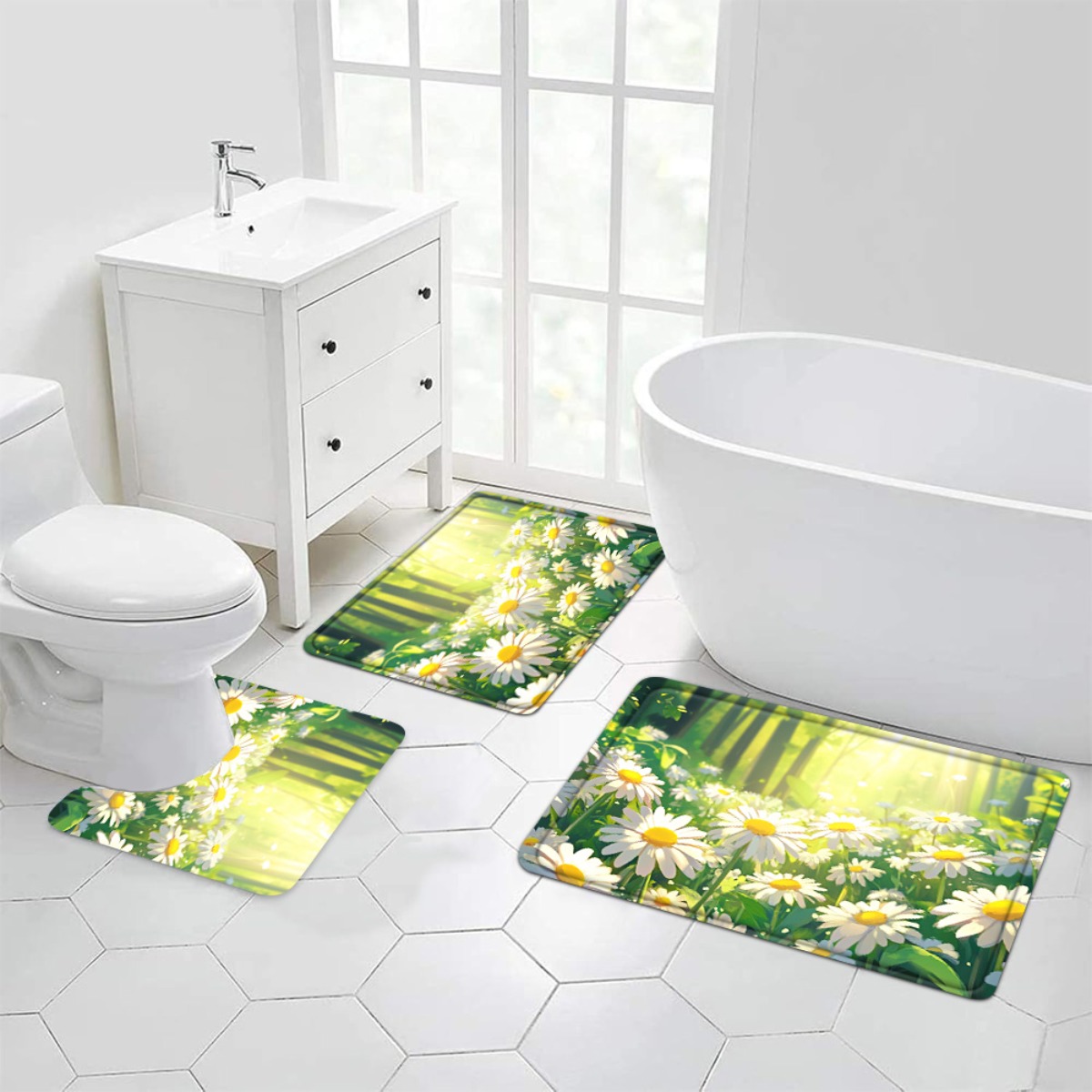 Daisy Floral Bath Mat Set Bath - Home Made Bathroom Vanity 评论和价格