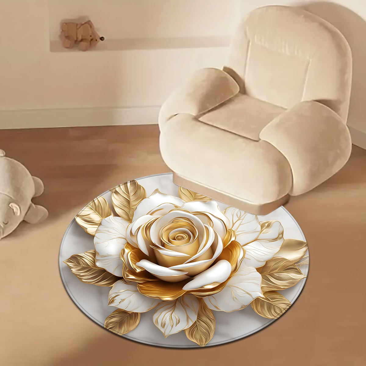 White Gold Rose Round Rug, Lux - Home Bathroom Door Design 评论和价格